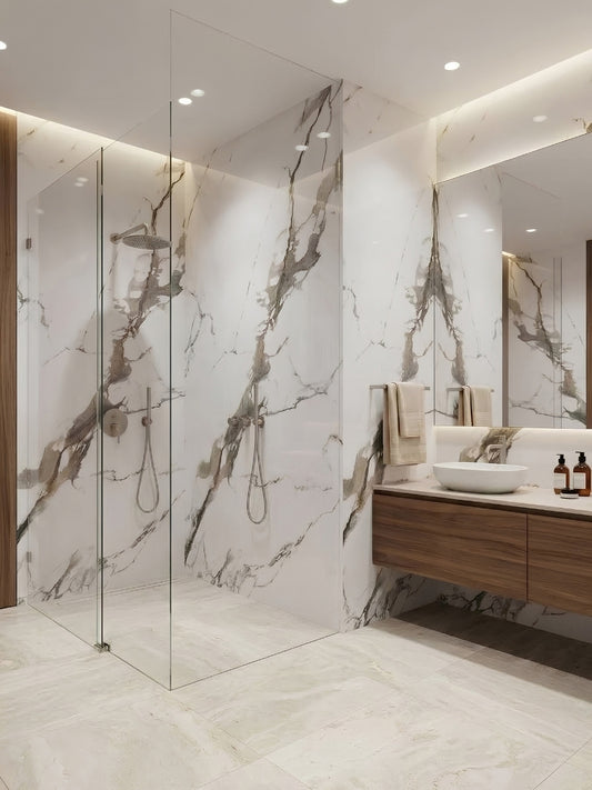 Moonlit Vein marble-look PVC wall panels installed across a modern bathroom and glass-enclosed shower