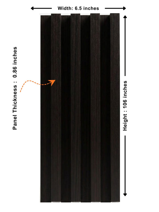Walnut Ink Metallic WPC fluted wall panel dimensions: 6.5 inches wide, 106 inches high, and 0.86 inch thick