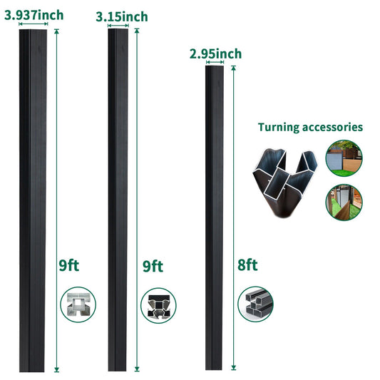 Black aluminum fence post size comparison showing 9 ft and 8 ft posts with 3.937 inch, 3.15 inch, and 2.95 inch widths, plus turning accessories for modular composite fencing systems