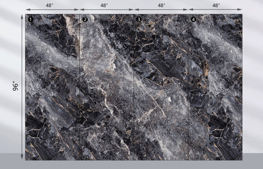 Four Doral Night marble PVC wall panels arranged side by side, each labeled 48 by 96 inches