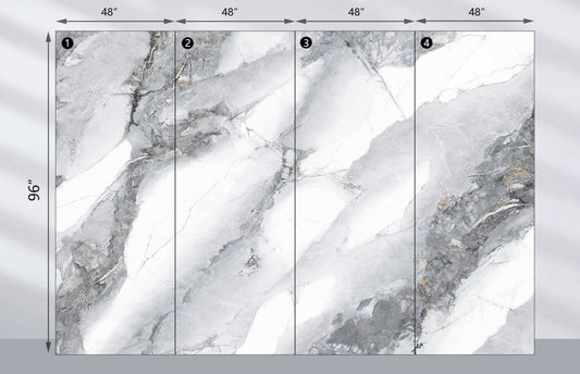 Four Frosted Sky marble-pattern PVC wall panels shown side by side, each measuring 48 by 96 inches