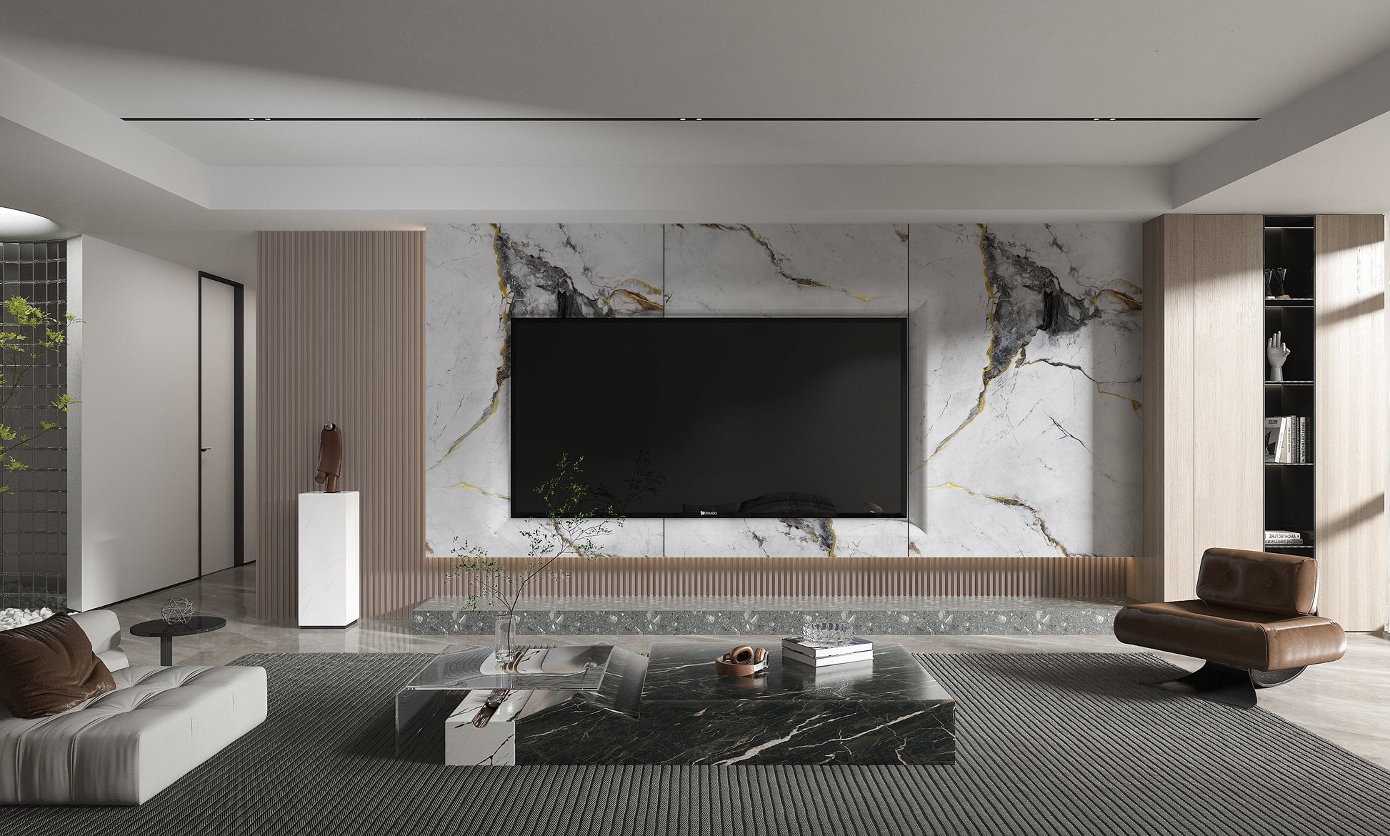 PVC 3D Marble Sheet Royal Glacier Gold. New Era Wall Panels. Living Room With PVC Marble Sheets Design