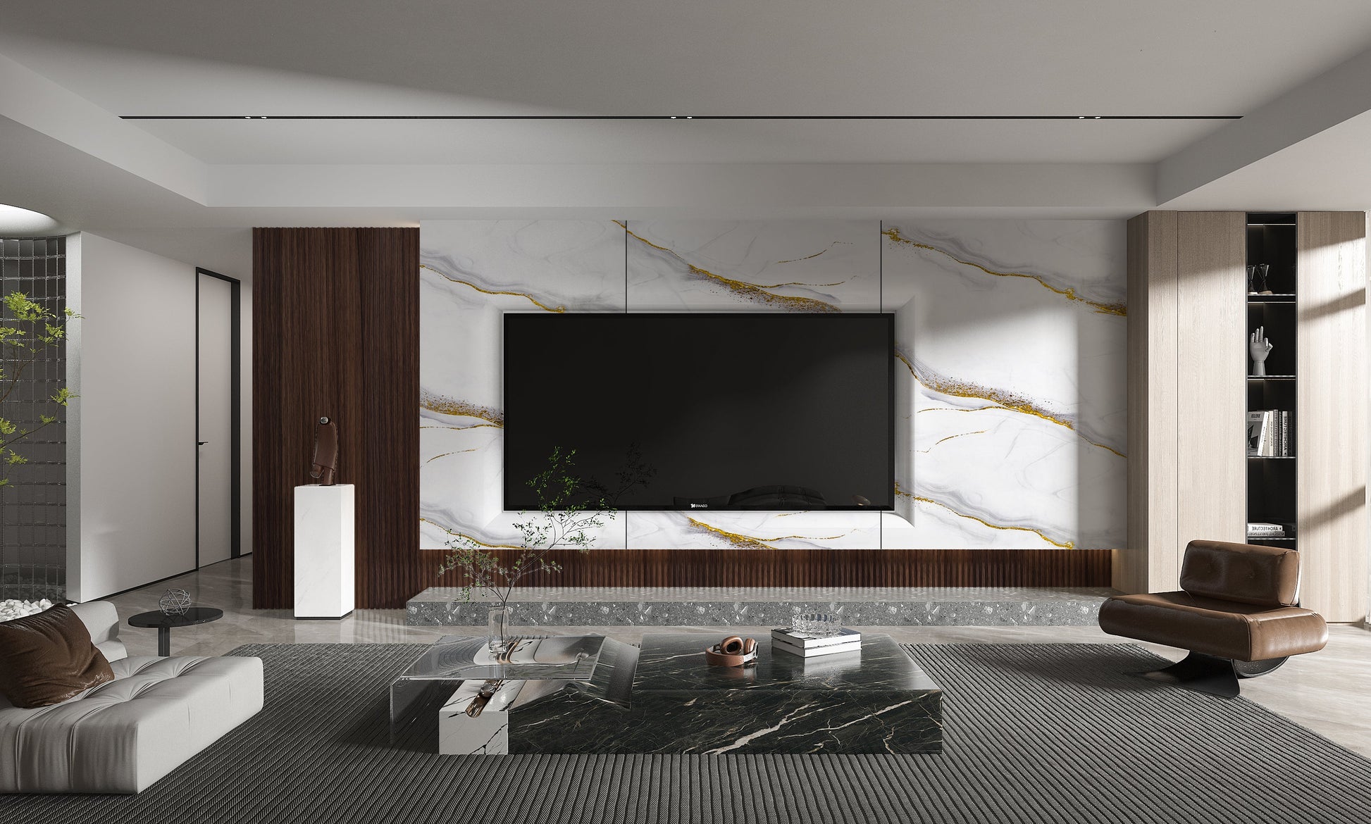 PVC 3D Marble Sheet White Gold Royal. New Era Wall Panels. Living Room With PVC Marble Sheets Design