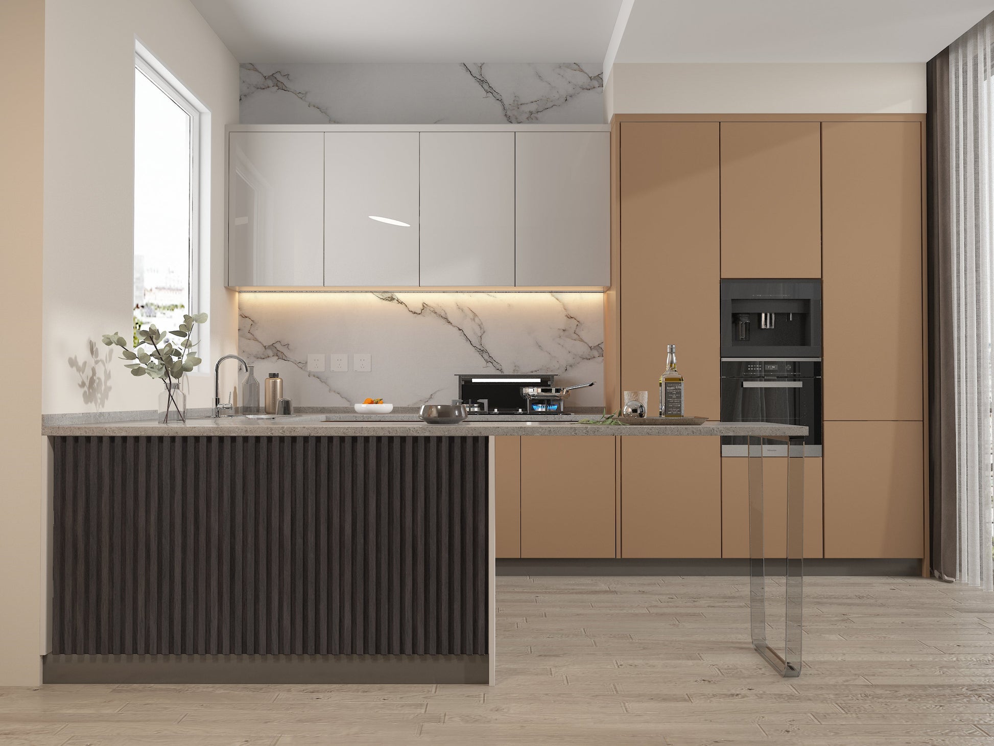 Dark Smoky Oak WPC Fluted 3D Wall Panels. New Era Wall Panels. Kitchen Design From WPC Fluted Wall Panels