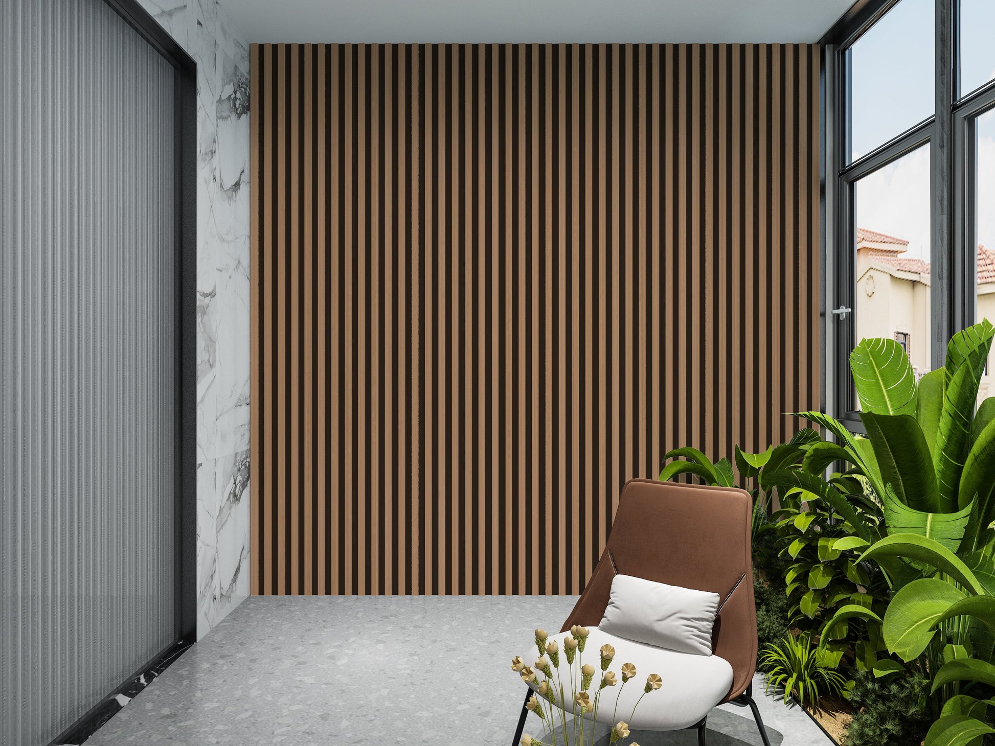 Maple Slate Black WPC Fluted 3D Wall Panels. New Era Wall Panels. Balcony Design With WPC Fluted Wall Panels
