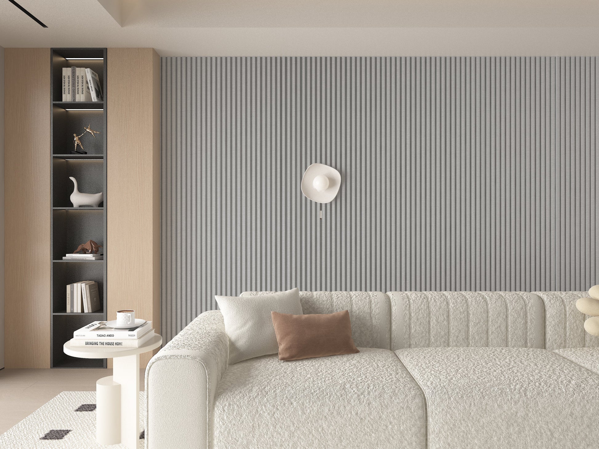 White linen WPC Fluted 3D Wall Panels. New Era Wall Panels. Living Room Design With WPC Fluted Wall Panels