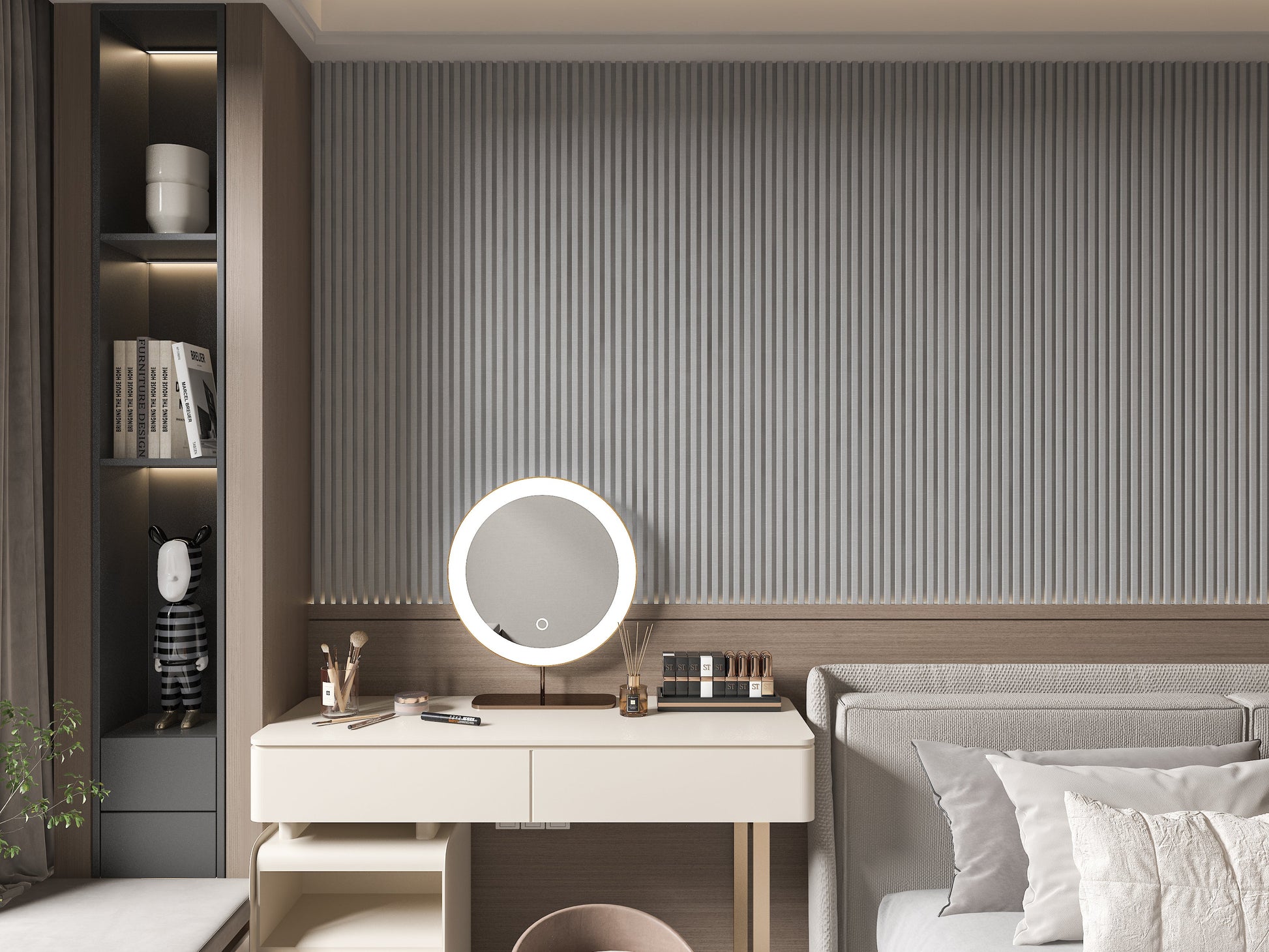 White linen WPC Fluted 3D Wall Panels. New Era Wall Panels. Bedroom Wall Design