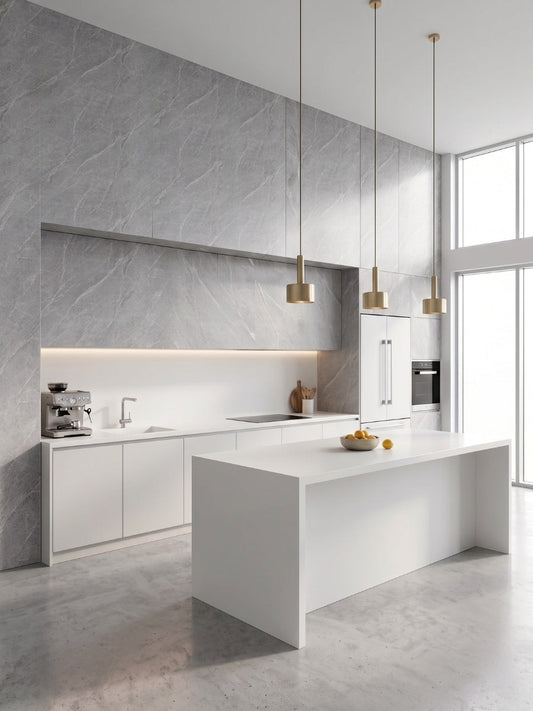 Ash gray marble-look PVC wall panels covering an accent wall in a modern white kitchen with an island.