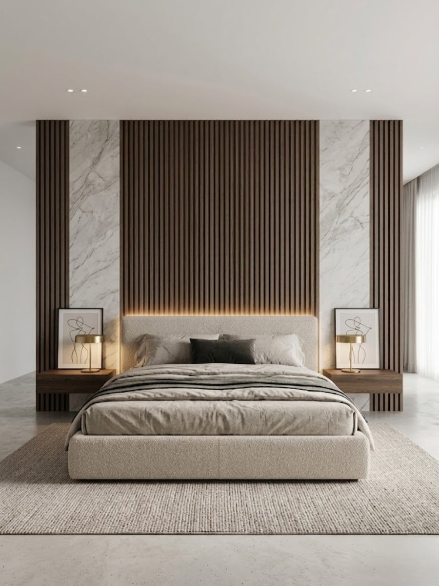Royal oak WPC fluted panels TV wall design modern living room