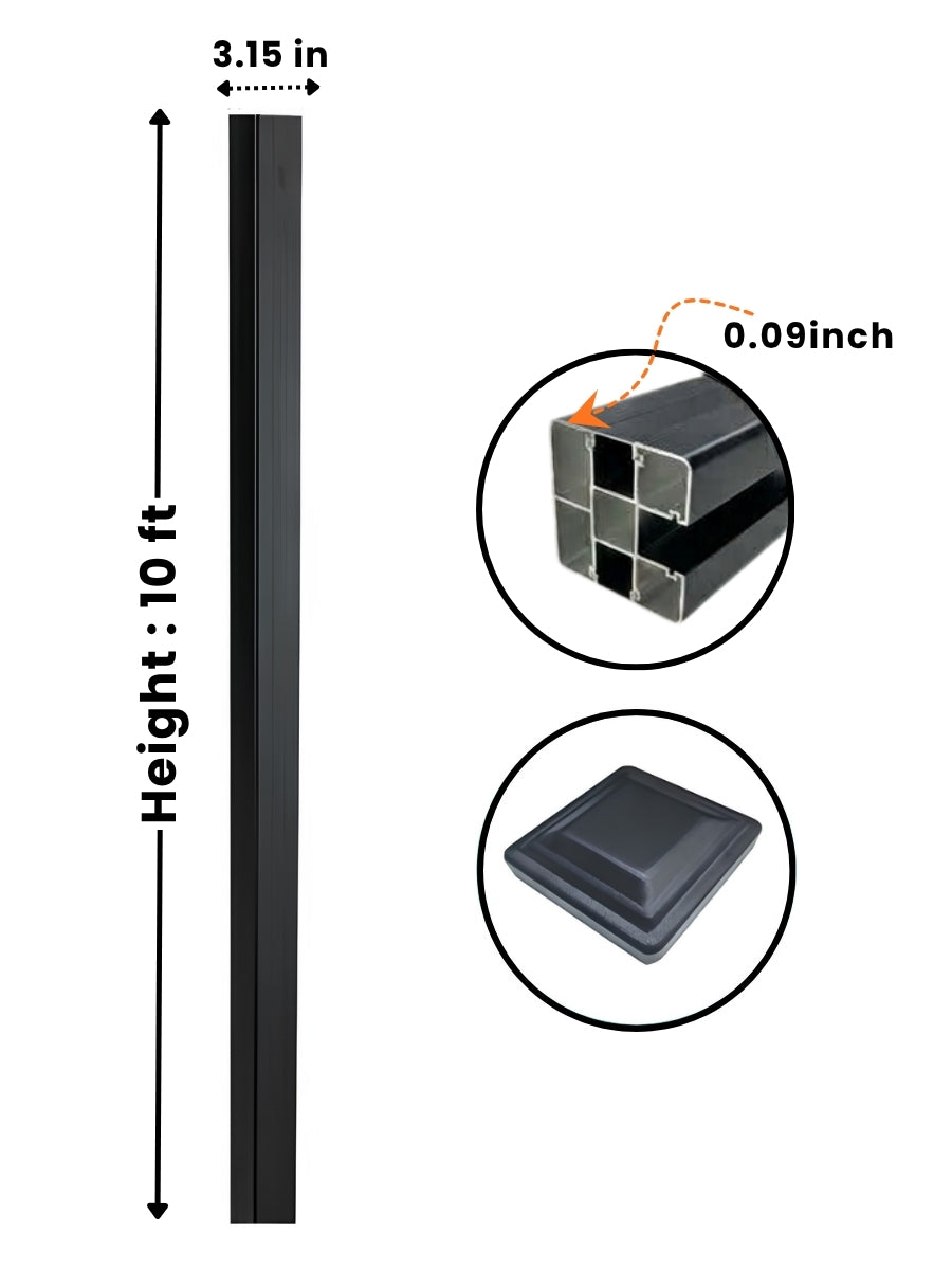 10 ft in-ground fence post with 3.15-inch width, 0.09-inch wall detail, hollow profile, and post cap