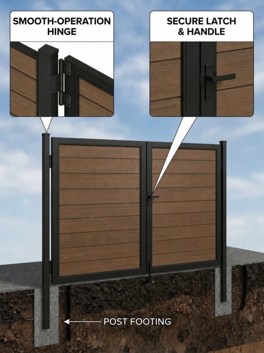 Installed privacy gate supported by in-ground fence posts with concrete footings, hinge, latch, and handle details