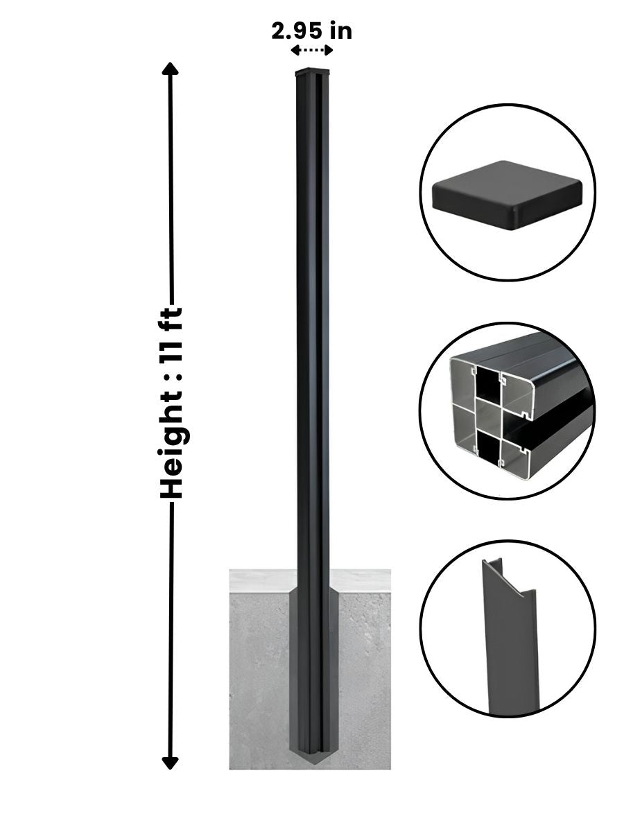 11 ft aluminum alloy fence post diagram showing 2.95-inch width, square cap, hollow cross-section, and side profile