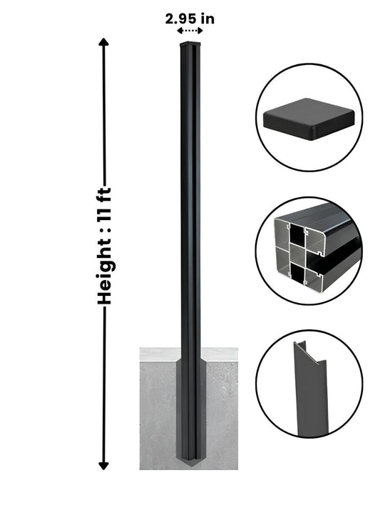 11 ft aluminum alloy fence post diagram showing 2.95-inch width, square cap, hollow cross-section, and side profile