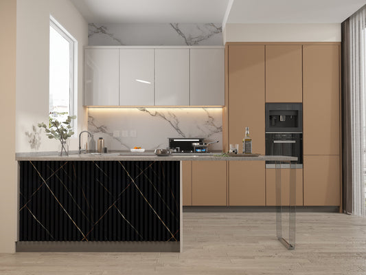 Noir Royale WPC Fluted 3D Wall Panels. New Era Wall Panels. Kitchen Design From WPC Fluted Wall Panels