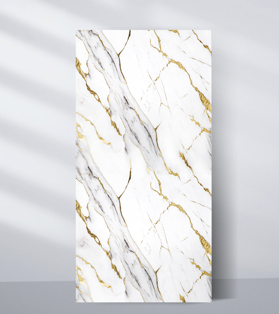 White PVC marble sheet sample with bold gold veining and diagonal gray marble bands