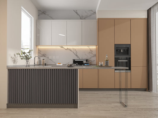 Oak Gray WPC Fluted 3D Wall Panels. New Era Wall Panels. Kitchen Design From WPC Fluted Wall Panels