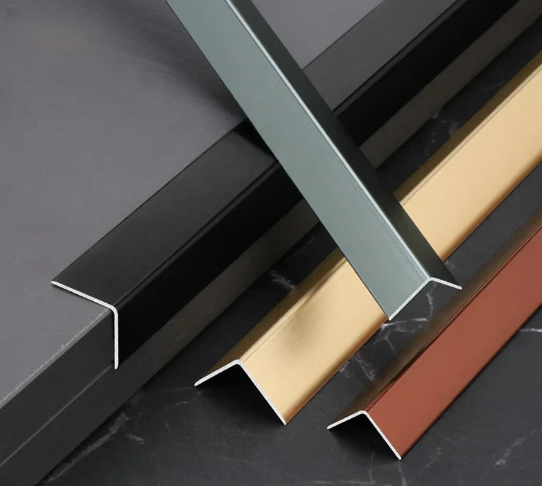 Aluminum wall panel L cap trims in black, gold, gray, and bronze finishes, designed for clean edge finishing and durable protection of modern interior wall panel systems