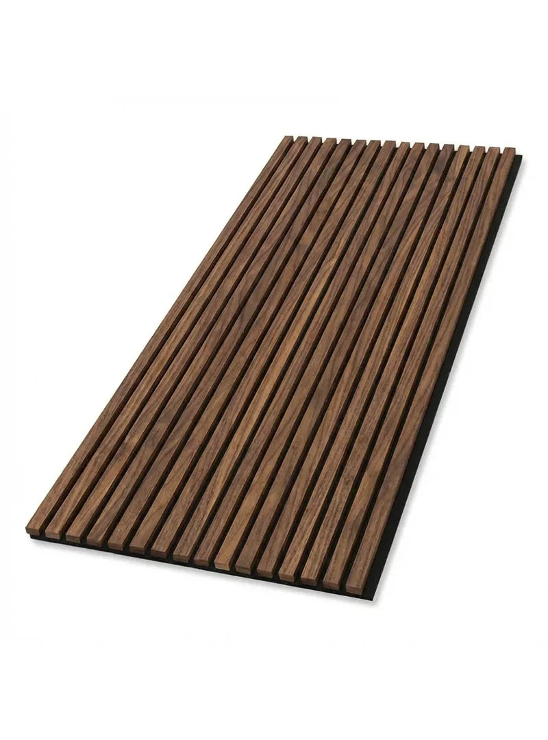 Wood Slat Acoustic Panels Sample Box panel in a dark brown wood-grain finish