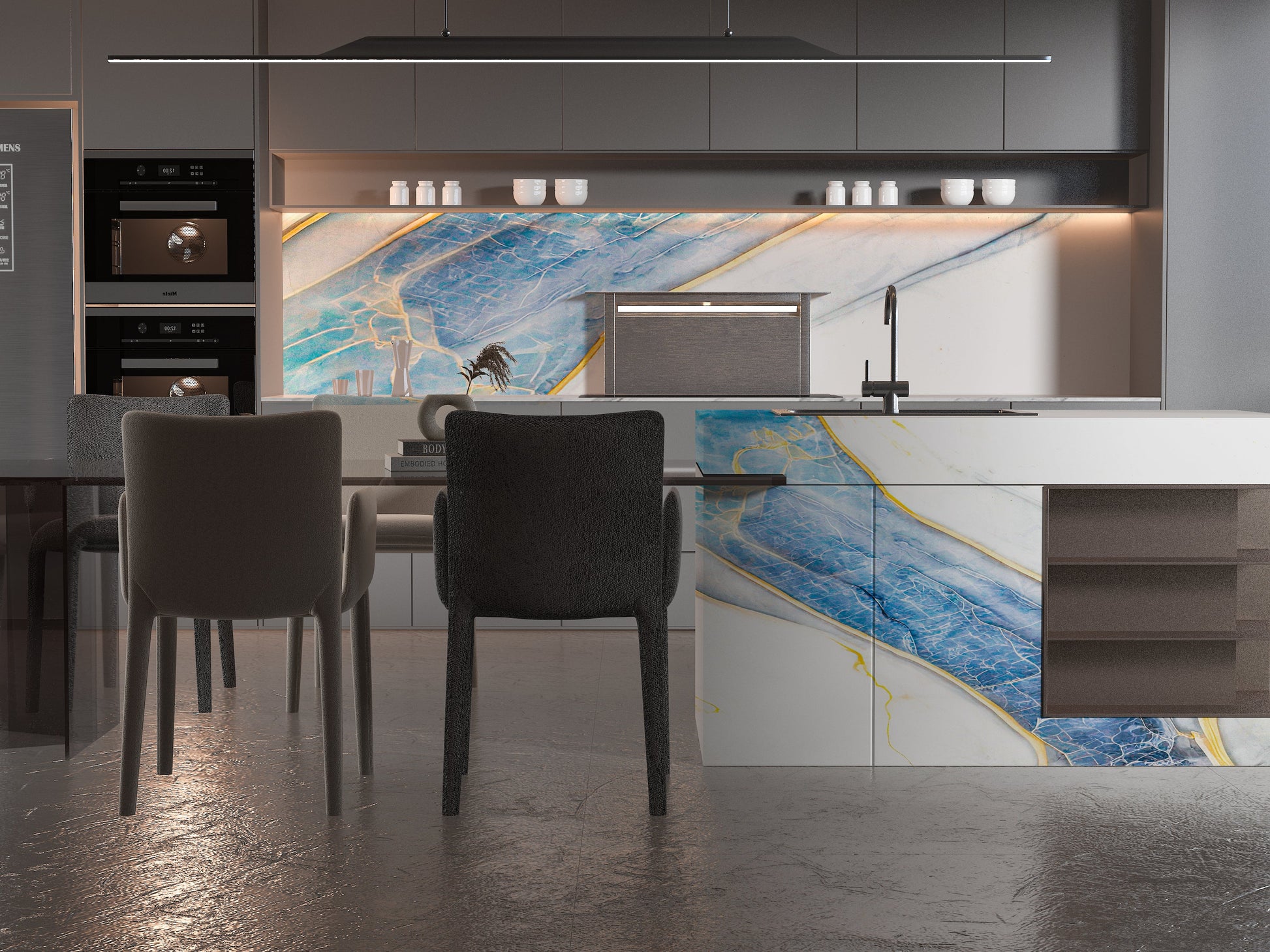 PVC 3D Marble Sheet Blue Drift. New Era Wall Panels. Kitchen Design From PVC Marble Sheets