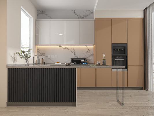 Black Timber WPC Fluted 3D Wall Panels. New Era Wall Panels. Kitchen Design From WPC Fluted Wall Panels