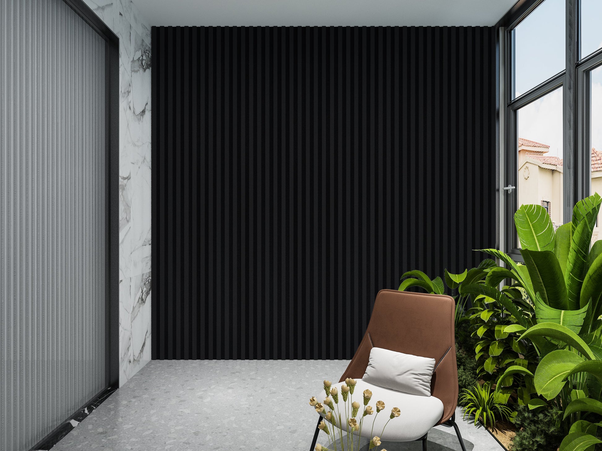 Luxe Noir WPC Fluted 3D Wall Panels. New Era Wall Panels. Balcony Design With WPC Fluted Wall Panels