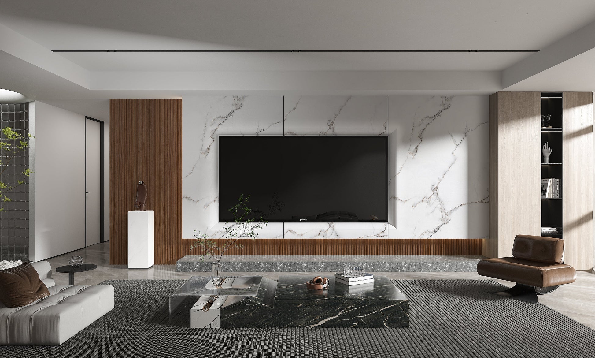 PVC 3D Marble Sheet Calacatta White. New Era Wall Panels. Living Room  With PVC Marble Sheets Design