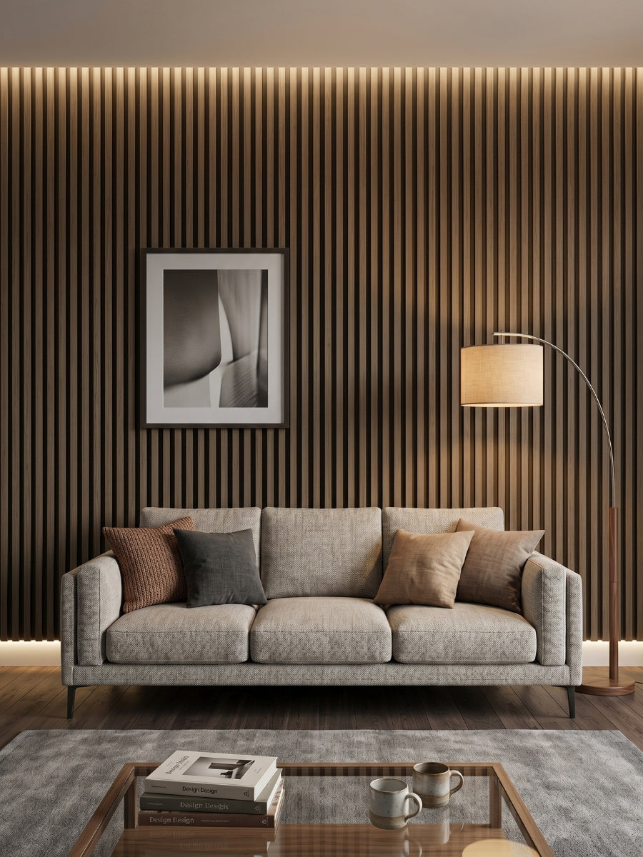 WPC fluted wall panels royal oak color for modern home interiors