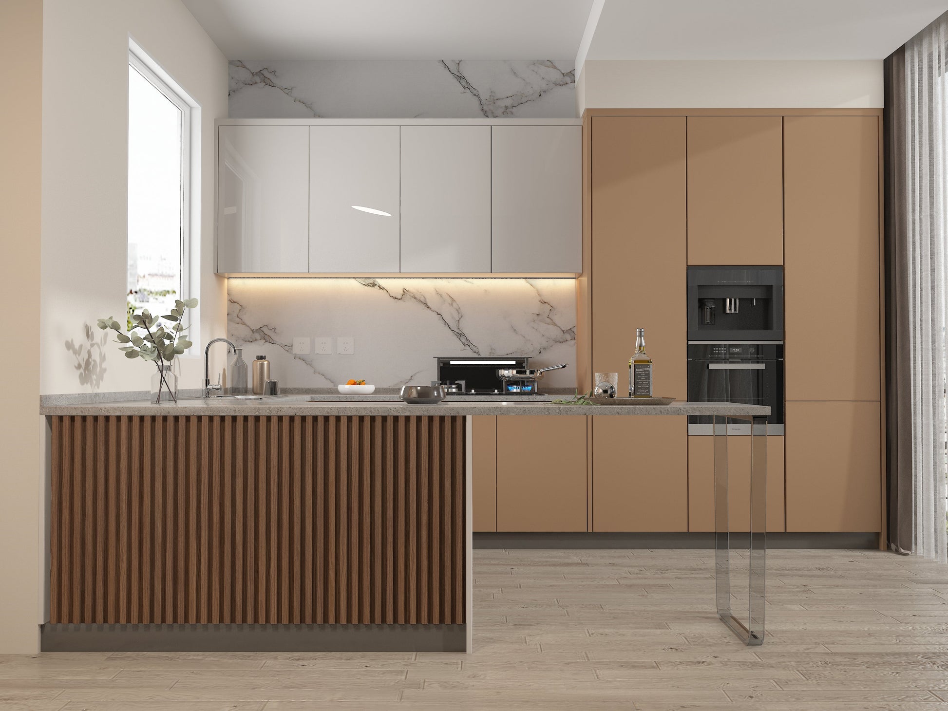 Midnight Elm WPC Fluted 3D Wall Panels. New Era Wall Panels. Kitchen Design From WPC Fluted Wall Panels