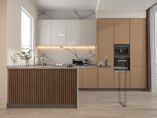 Midnight Elm WPC Fluted 3D Wall Panels. New Era Wall Panels. Kitchen Design From WPC Fluted Wall Panels