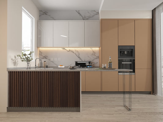 Dark Walnut WPC Fluted 3D Wall Panels. New Era Wall Panels. Kitchen Design From WPC Fluted Wall Panels
