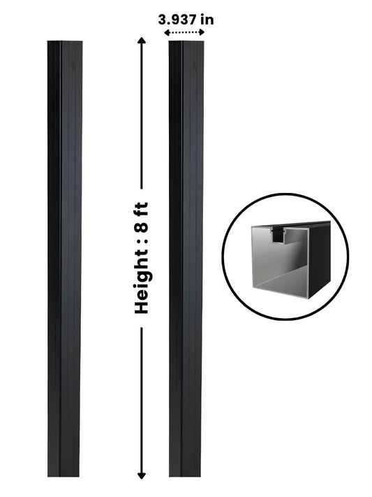Black 4-inch 8-foot in-ground gate post shown full length with 3.937-inch width and profile cross-section