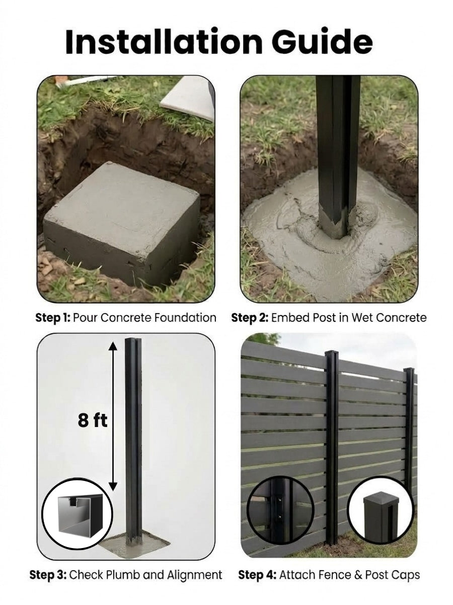 Four-step guide for setting the 8-foot in-ground gate post in concrete, aligning it and attaching fence panels and caps
