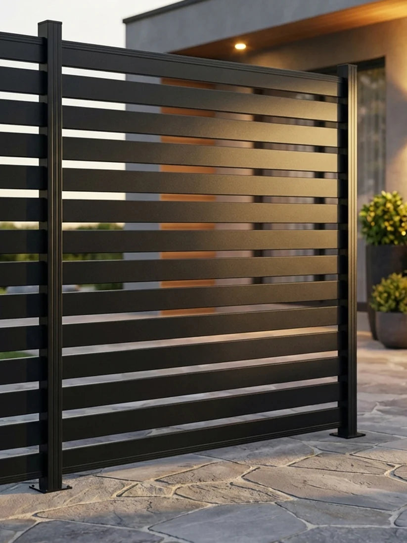 black aluminum semi privacy fence panel 6x6 with horizontal open slats outdoor use