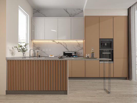 Maple Slate Black WPC Fluted 3D Wall Panels. New Era Wall Panels. Kitchen Design From WPC Fluted Wall Panels