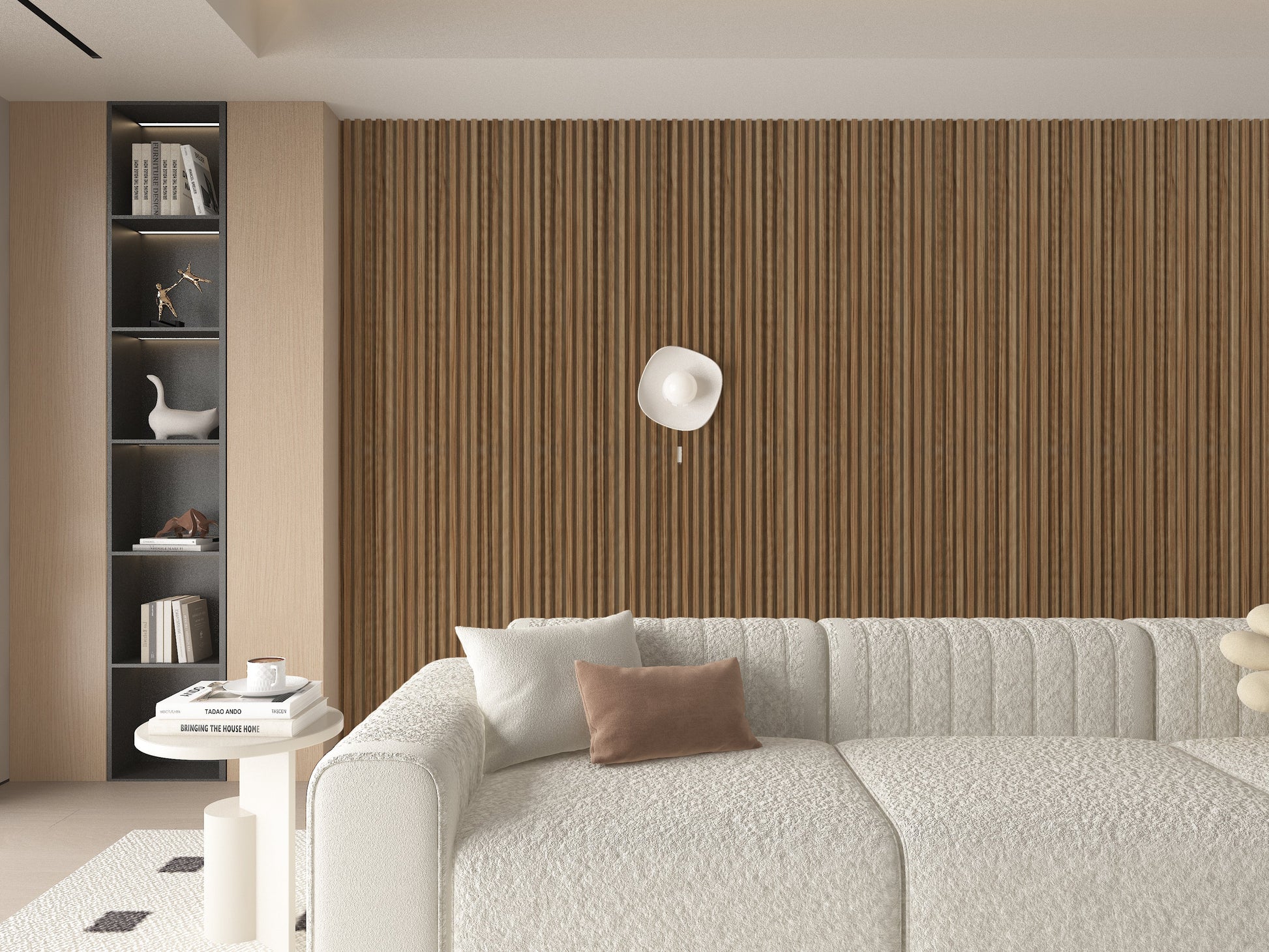 Rustic Maple WPC Fluted 3D Wall Panels. New Era Wall Panels. Living Room Design With WPC Fluted Wall Panels