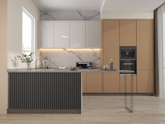 Silver Gray Metallic WPC Fluted 3D Wall Panels. New Era Wall Panels. Kitchen Design From WPC Fluted Wall Panels