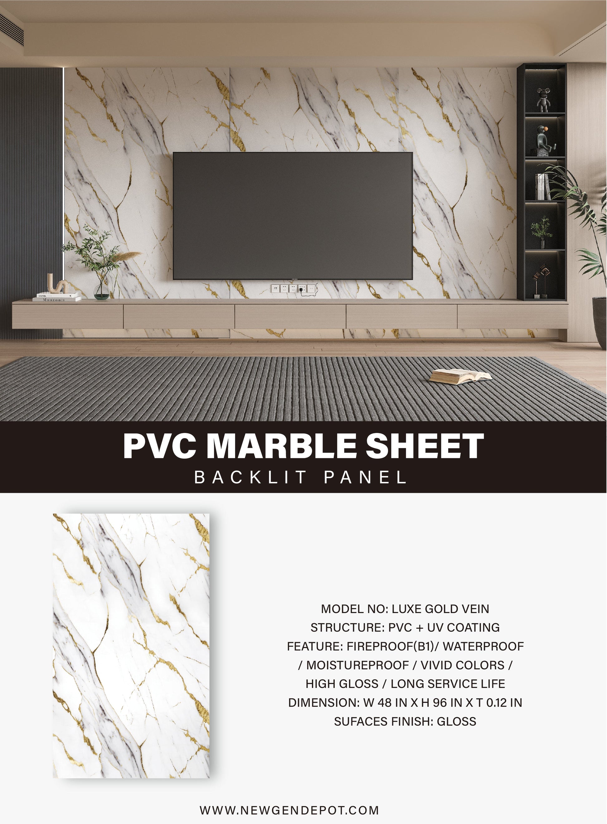 PVC 3D Marble Sheet Luxe Gold Vein Specifications. New Era Wall Panels