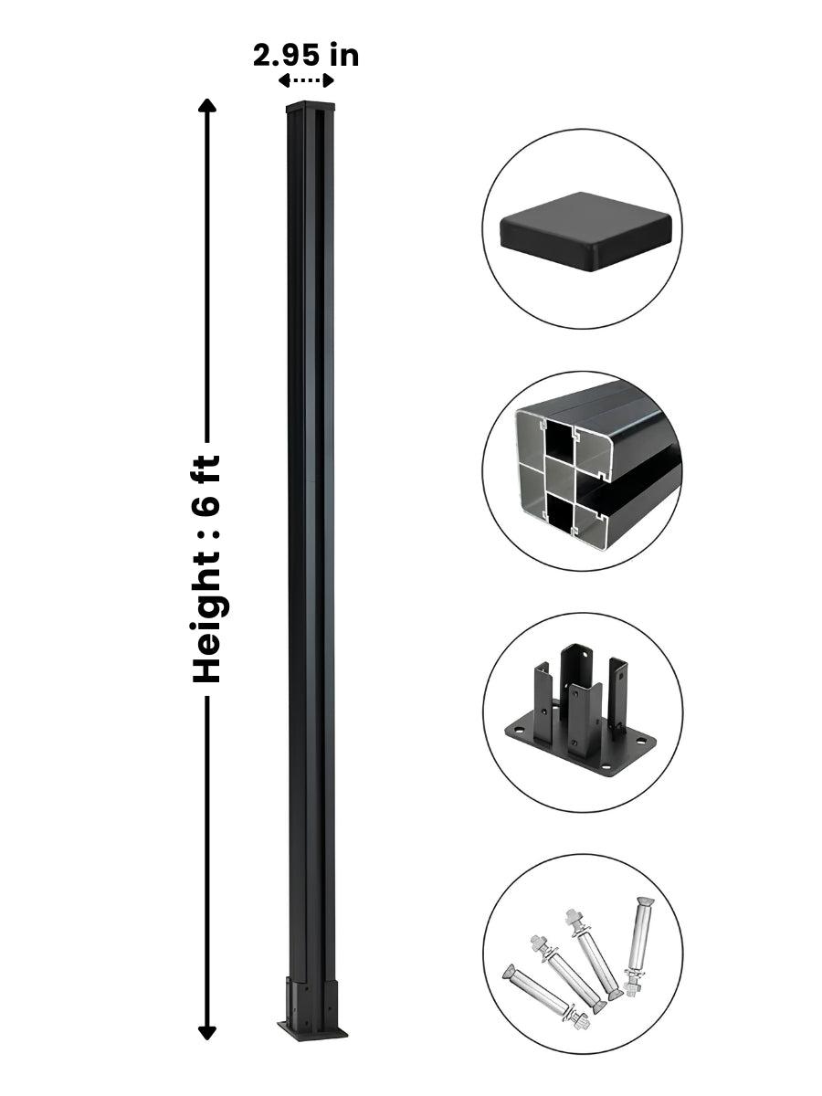 Black 6 ft above-ground fence post with 2.95-inch width, cap, surface-mount base, and hardware