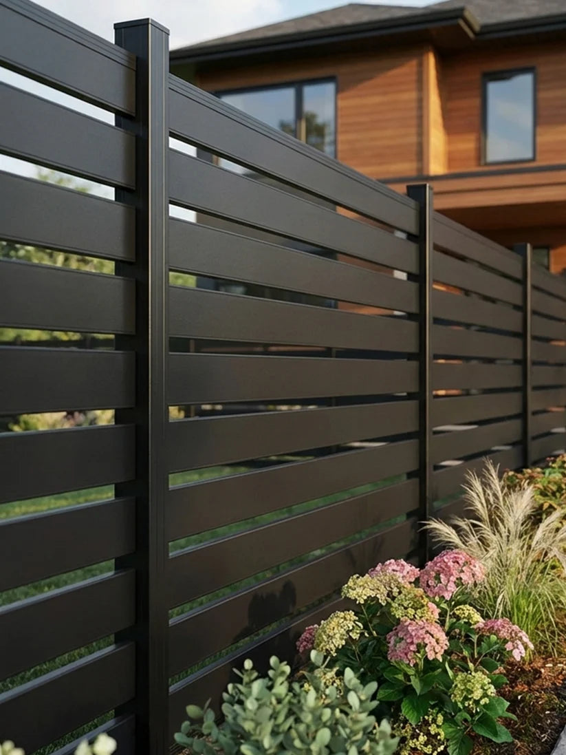 semi privacy aluminum fence panel with open slats for airflow and light outdoor fencing