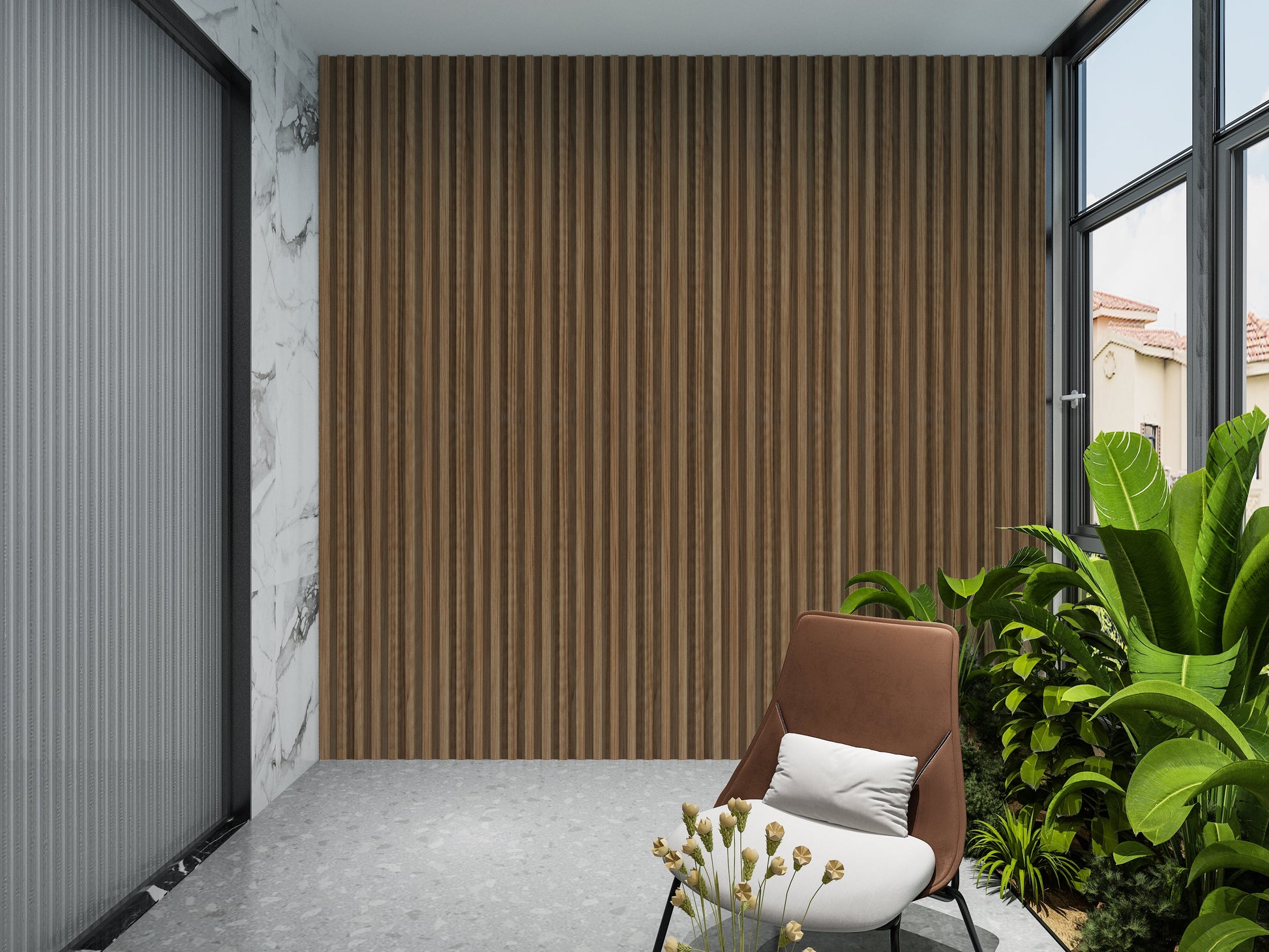 Rustic Maple WPC Fluted 3D Wall Panels. New Era Wall Panels. Balcony Design With WPC Fluted Wall Panels