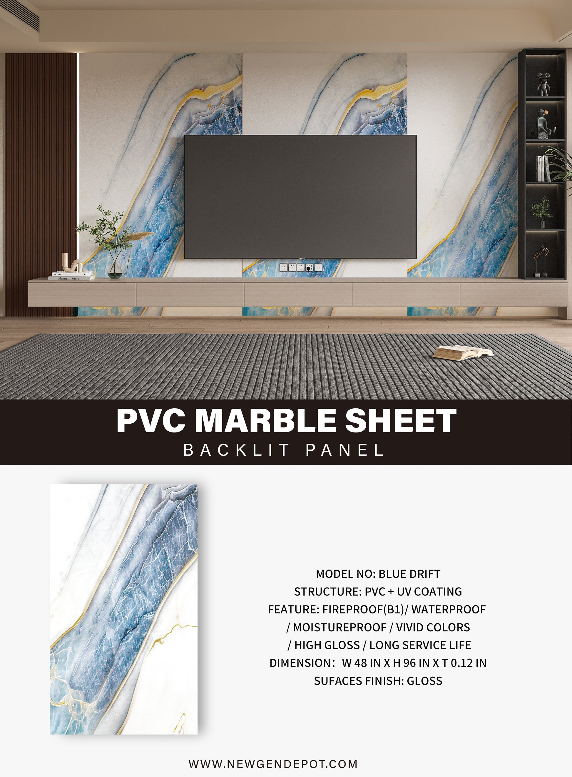 PVC 3D Marble Sheet Blue Drift Specifications. New Era Wall Panels