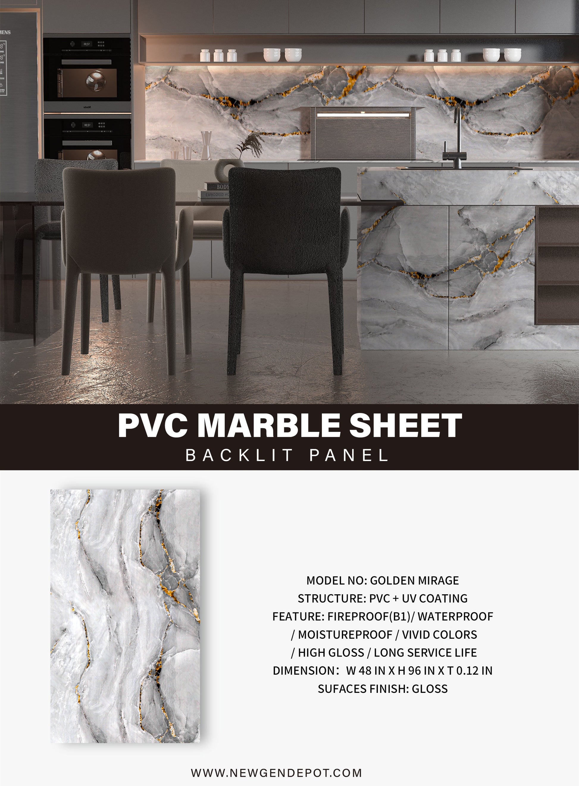 PVC 3D Marble Sheet Golden Mirage Specifications. New Era Wall Panels