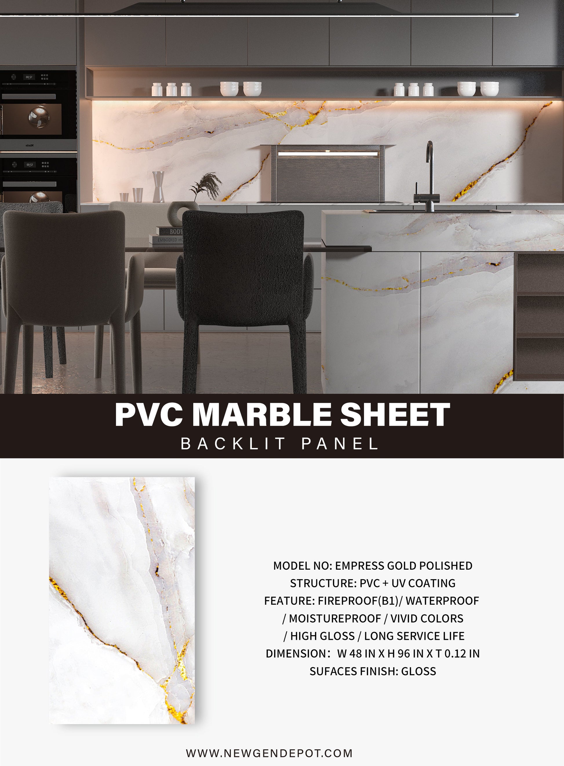 PVC 3D Marble Sheet Empress Gold Polished Specifications. New Era Wall Panels