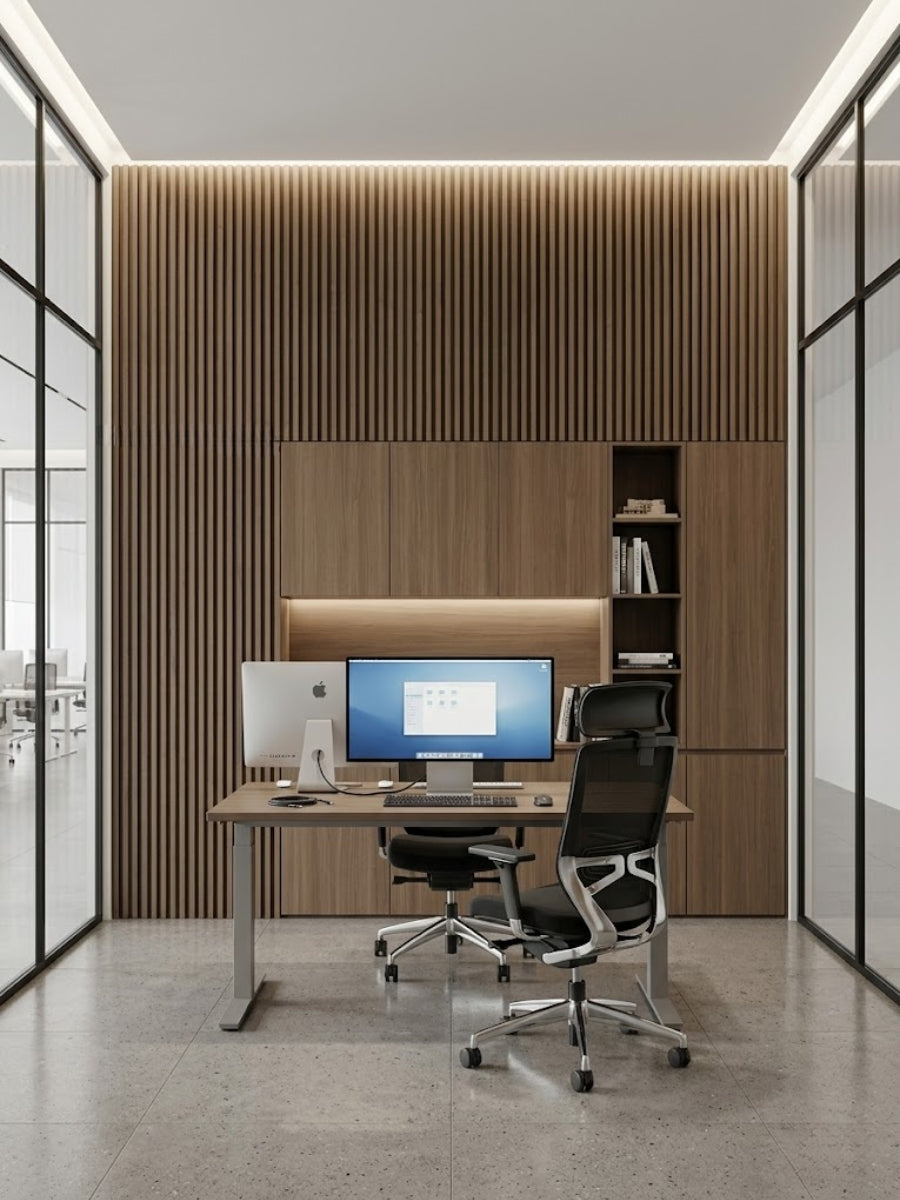 office lobby wall design with royal oak WPC fluted panels