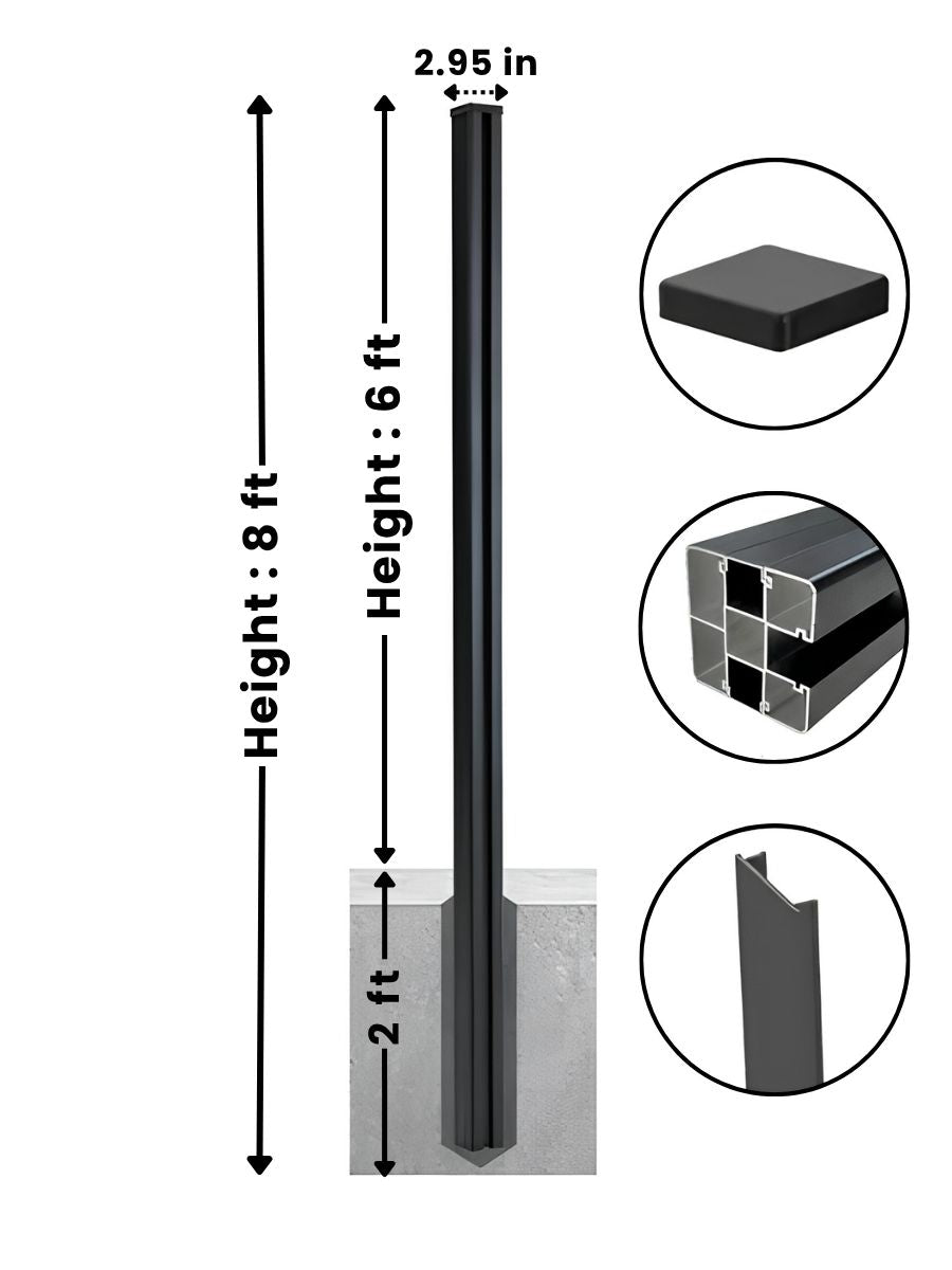 8 ft in-ground fence post diagram showing 6 ft above ground, 2 ft below ground and 2.95 in width