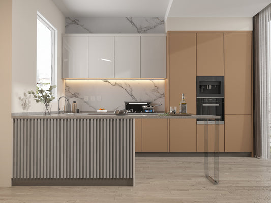 White linen WPC Fluted 3D Wall Panels. New Era Wall Panels. Kitchen Design From WPC Fluted Wall Panels