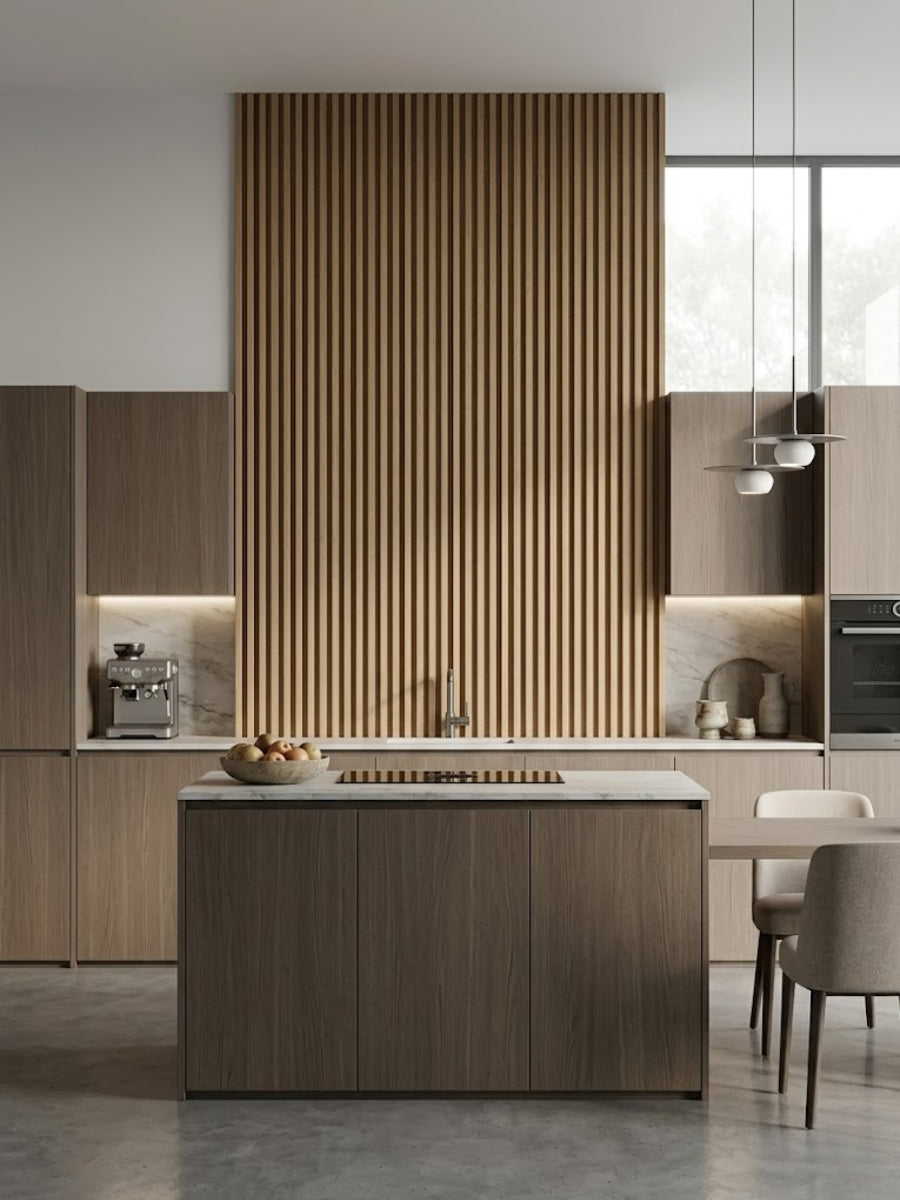 royal oak WPC fluted wall panels kitchen backsplash design