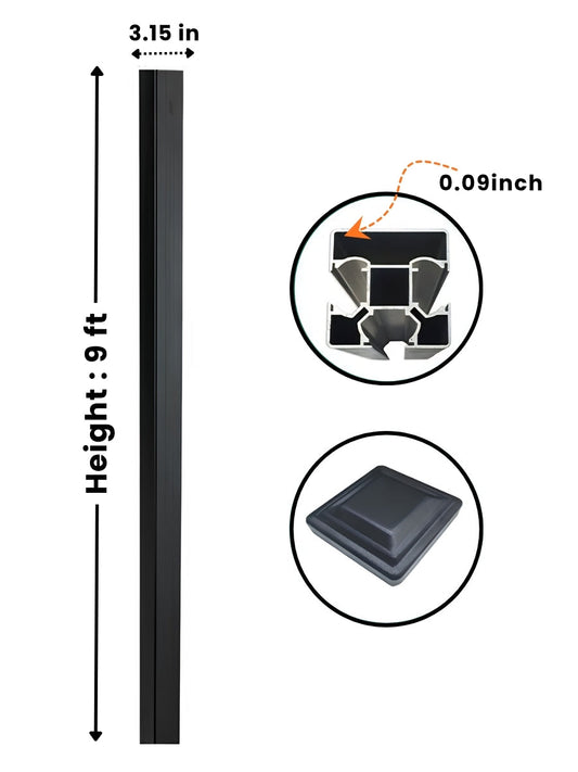 NewGen 9ft inground gate post with 3.15-inch width, 0.09-inch wall thickness detail, and post cap