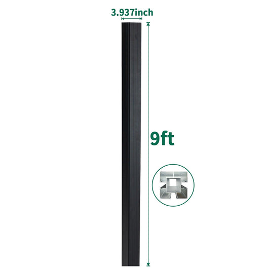 9 ft black aluminum gate post with 3.937 inch width and reinforced multi-channel profile