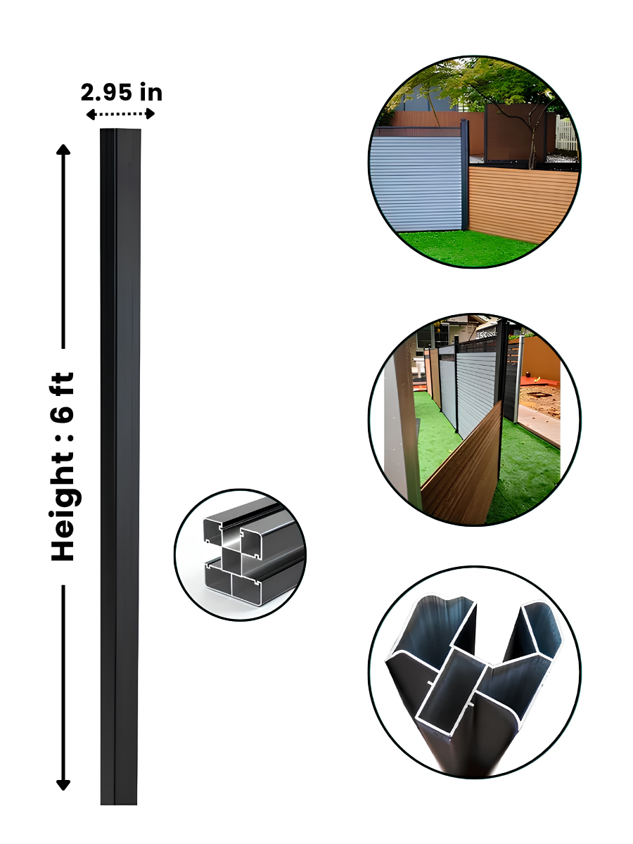 Black 6 ft adjustable angle corner post with 2.95-inch width, cross-section details and installed fence examples